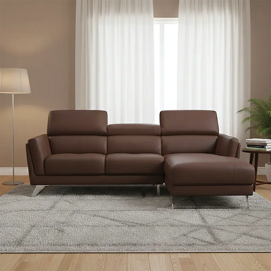 l shape sofa set with deep cushioned seats and wide box armrests, three-quarter view