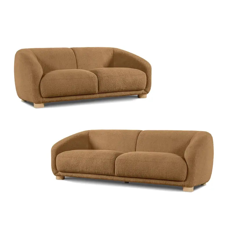 Boucle sofa with thick rounded arms and natural wooden legs, full seating layout
