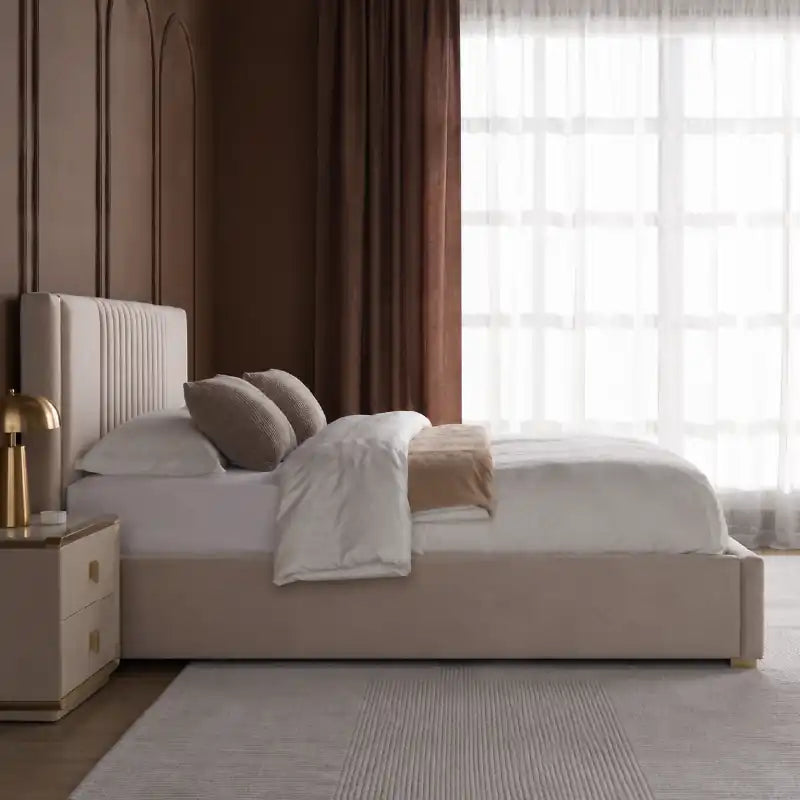 upholstered bed with headboard shown with a balanced mattress layout with soft padded headboard