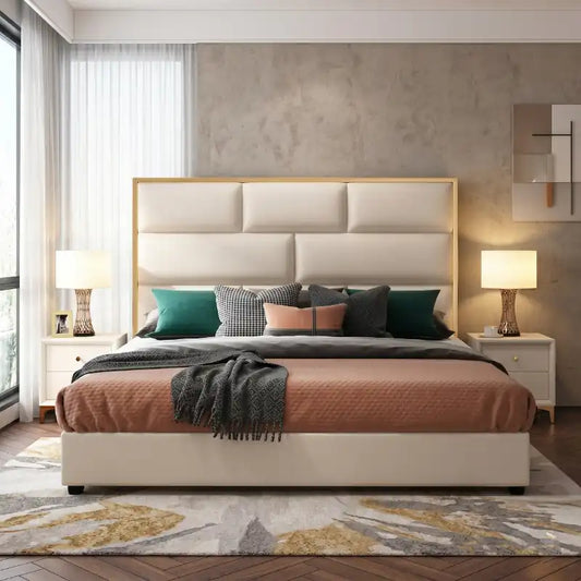 bed frame full bed view with headboard and foot-end panel with geometric padded headboard