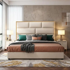 bed frame full bed view with headboard and foot-end panel with geometric padded headboard