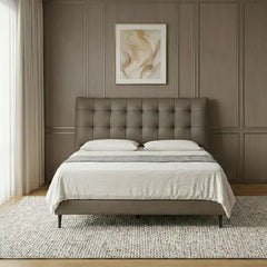 leatherette bed shown in a compact double-bed layout with button-padded headboard