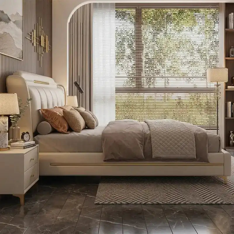 tufted bed shown in a spacious bed layout with stitched padded headboard