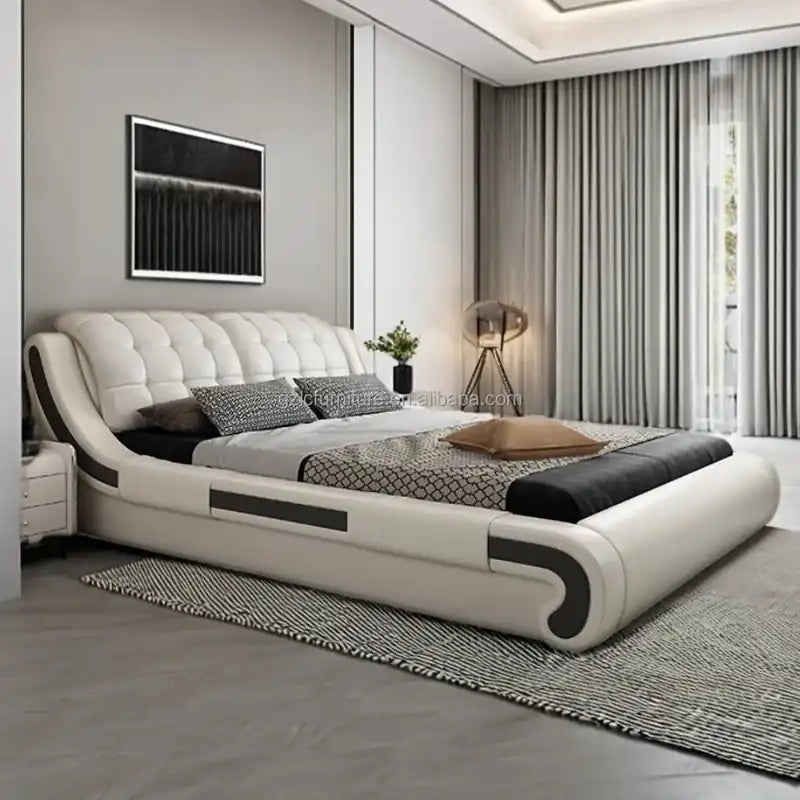 double bed with headboard shown in a spacious bed layout with deep padded headboard alternate front angle
