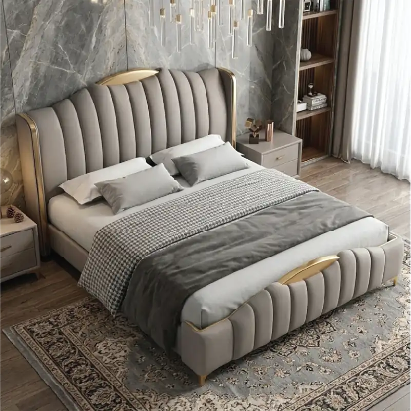 wingback bed shown in a spacious bed layout with wide side-panel headboard