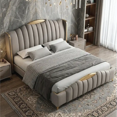 wingback bed shown in a spacious bed layout with wide side-panel headboard