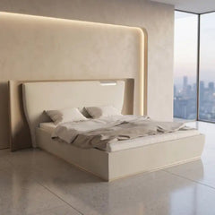 luxury bed shown in a spacious bed layout with wide curved headboard alternate front angle