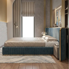 modern bed with headboard shown in a spacious bed layout with vertical padded panels alternate front angle