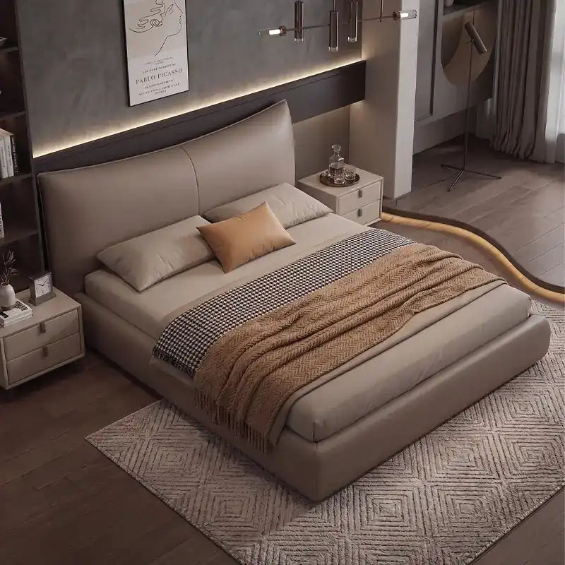 minimalist platform bed shown in a spacious bed layout with curved padded headboard alternate front angle