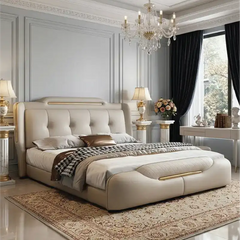 bed with tufted headboard shown in a spacious bed layout with deep button-padded headboard alternate front angle