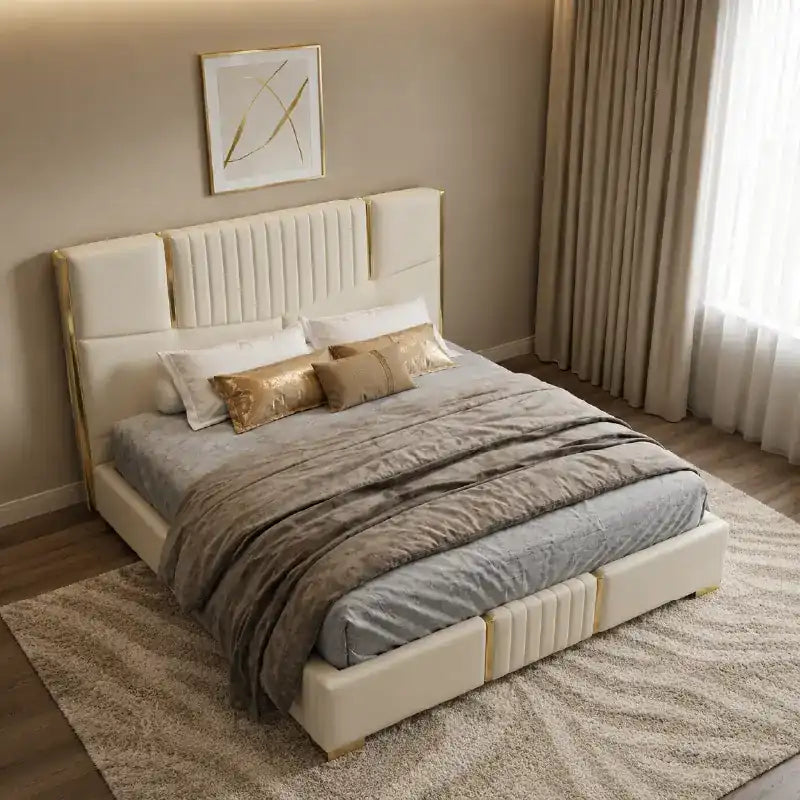 queen size bed showing the lift-up storage area with tall padded headboard