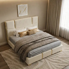 queen size bed showing the lift-up storage area with tall padded headboard