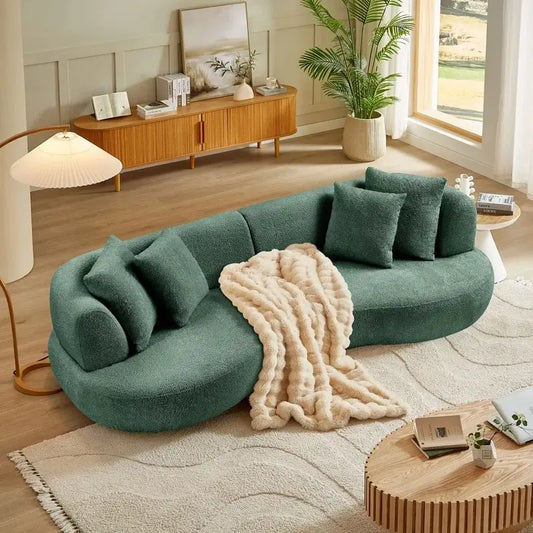 lounge sofa with textured boucle-style upholstery and rounded edges, side profile
