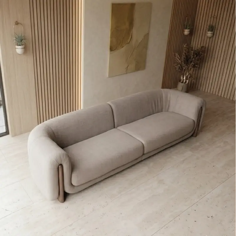 fabric sofa with low wooden base with vertical side supports, side profile
