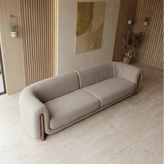 fabric sofa with low wooden base with vertical side supports, side profile