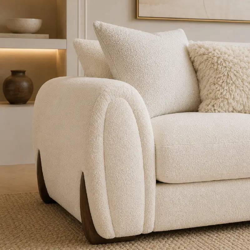 Corner sofa with curved arms and wooden accent details, left-side view