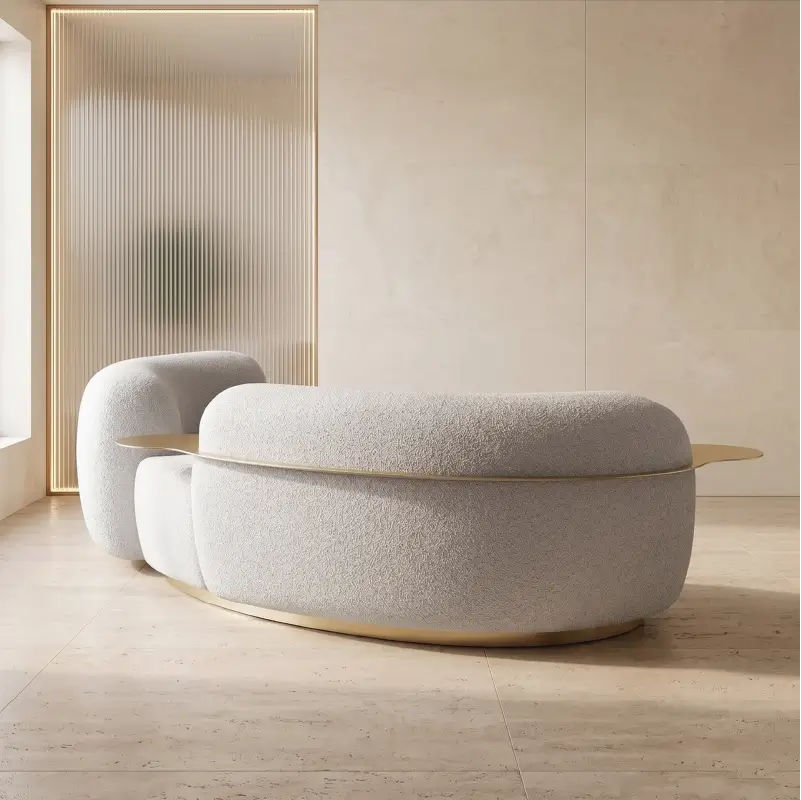 luxury sofa with front profile with flowing sculptural form, armrest close-up