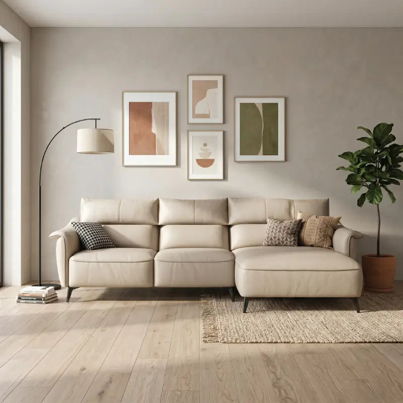 sectional sofa with deep cushioned seating with rounded front edges, side profile