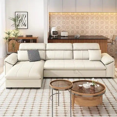 l shape sofa bed with storage shown in the pull-out sleeping position with hidden storage alternate front angle