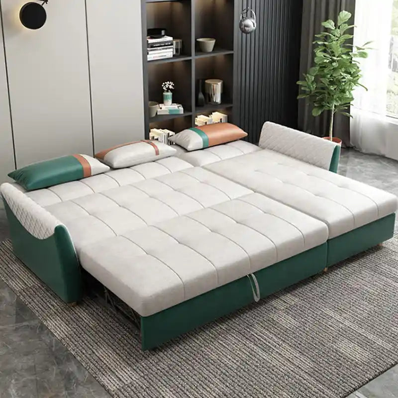 sofa bed with chaise showing the built-in storage compartment with lift-up storage