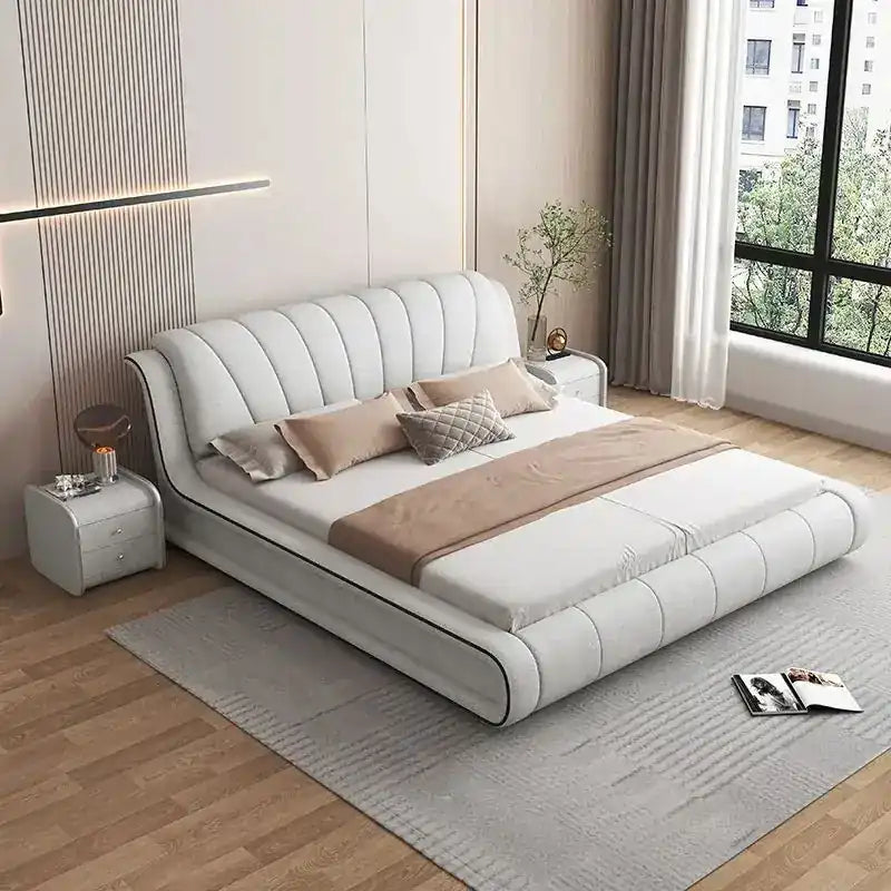 platform bed shown in a compact double-bed layout with curved padded headboard