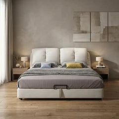 king size hydraulic bed shown in a compact double-bed layout with oversized padded headboard