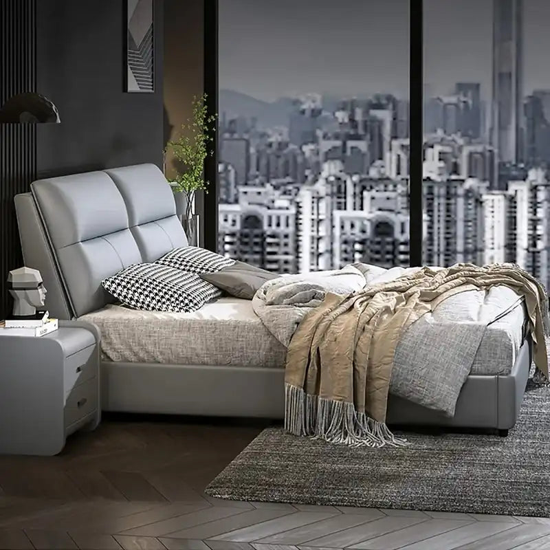 hydraulic storage bed full bed view with headboard and foot-end panel with cushioned headboard