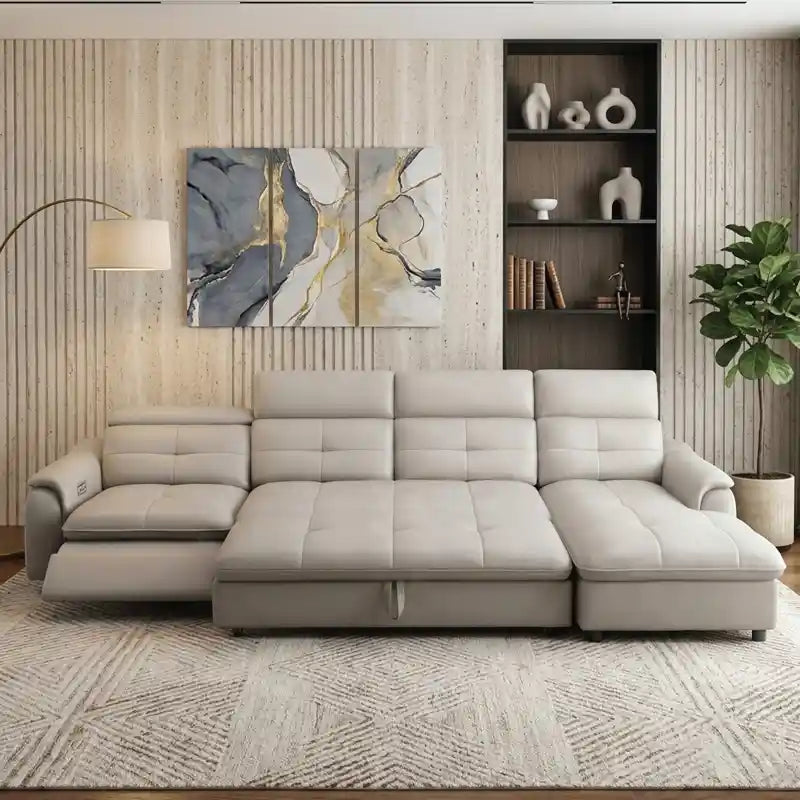 sofa bed with chaise lounge open bed view for guest sleeping with USB charging