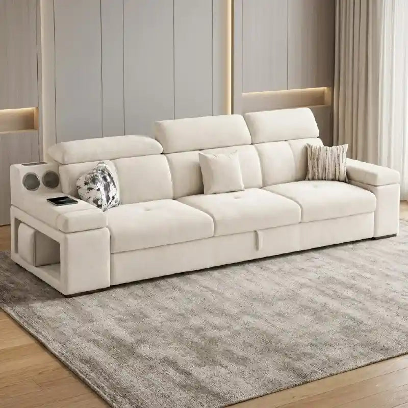 sofa bed set shown in the pull-out sleeping position with side storage console