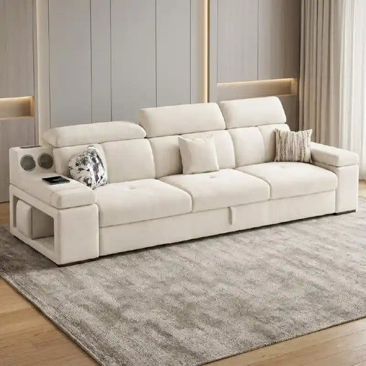 sofa bed set shown in the pull-out sleeping position with side storage console