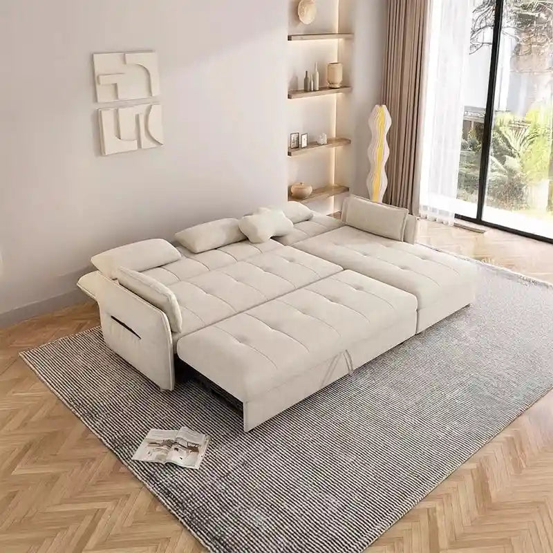 pull out sofa bed showing the sofa-to-bed conversion with L-shape lounger alternate front angle