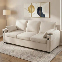 pull out sofa bed couch in an L-shaped seating layout with cup holders