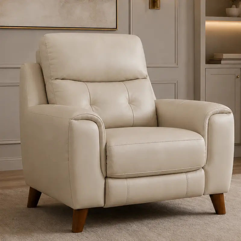 Recliner sofa with high back support and cushioned headrest, left-side view