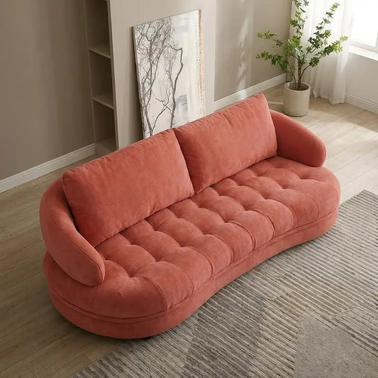 Low-profile 3-seater premium sofa, stylish sofa design in coral plush fabric