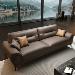 3 seater sofa set with rounded padded arms and elevated legs, left-side view