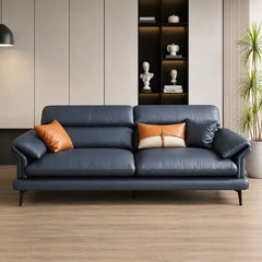 leatherette sofa set with slim black metal legs with raised clearance, side profile