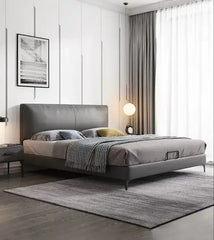 platform bed shown in a spacious bed layout with padded headboard