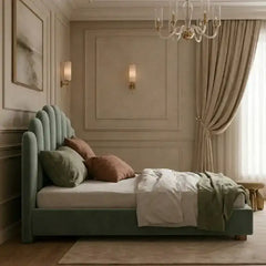 platform bed shown in a spacious bed layout with rounded arch headboard