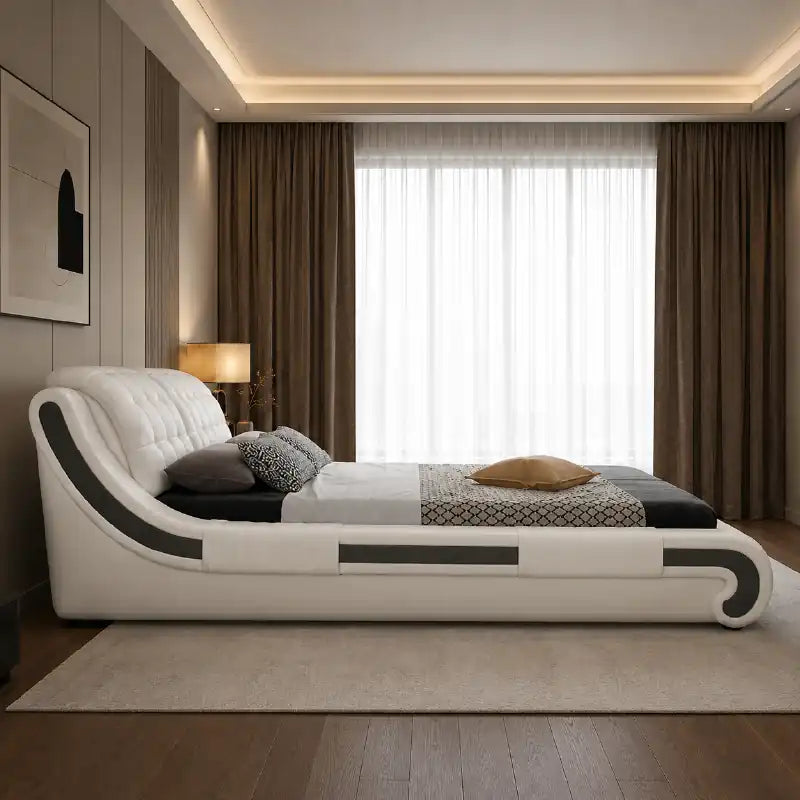leatherette bed shown with a balanced mattress layout with deep padded headboard alternate front angle