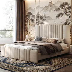 double bed cot shown with a balanced mattress layout with tall padded headboard
