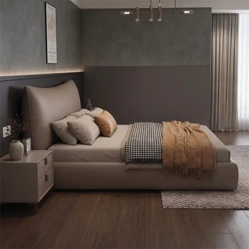 low profile platform bed shown with a balanced mattress layout with curved padded headboard alternate front angle