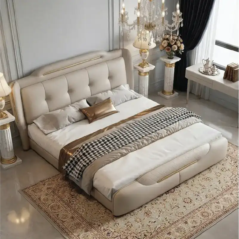 leatherette bed shown with a balanced mattress layout with deep button-padded headboard alternate front angle