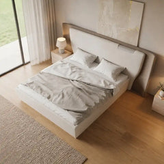 king size luxury bed shown with a balanced mattress layout with wide curved headboard alternate front angle