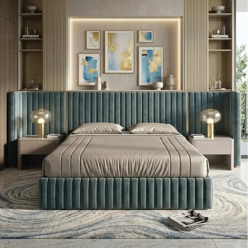 bed with headboard shown with a balanced mattress layout with vertical padded panels alternate side angle