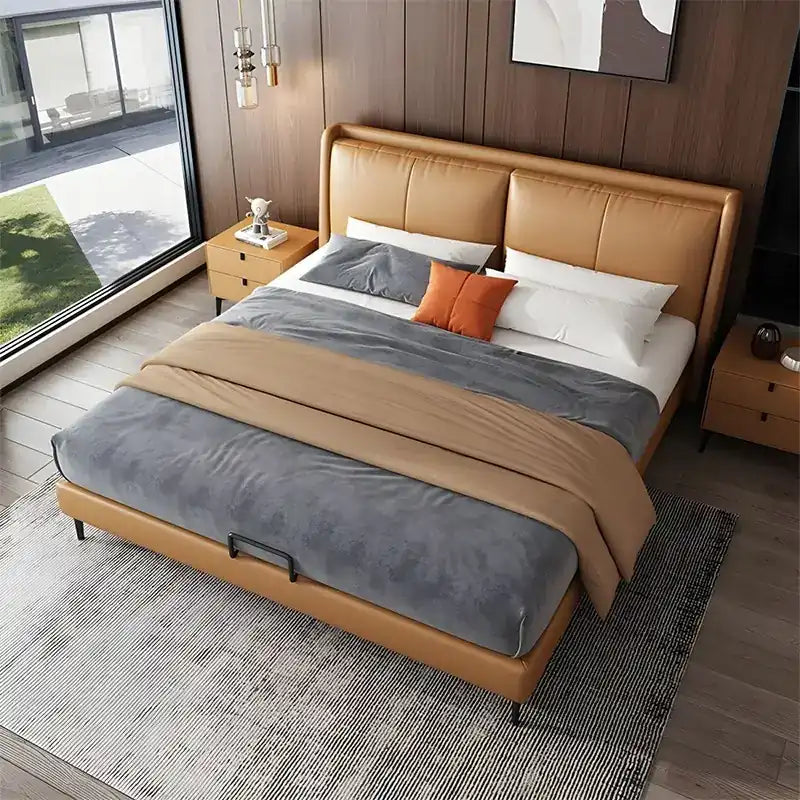wingback bed shown in a compact double-bed layout with wide padded headboard