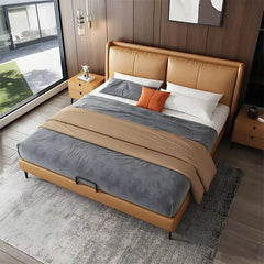 wingback bed shown in a compact double-bed layout with wide padded headboard