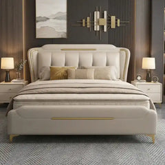 upholstered bed shown in a compact double-bed layout with stitched padded headboard