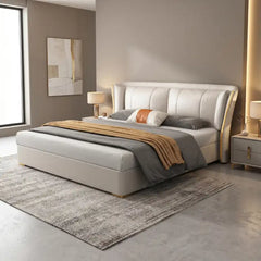 wingback bed close view of the headboard padding with wide padded headboard