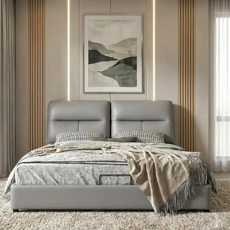 upholstered storage bed shown in a compact double-bed layout with cushioned headboard