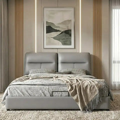 upholstered storage bed shown in a compact double-bed layout with cushioned headboard